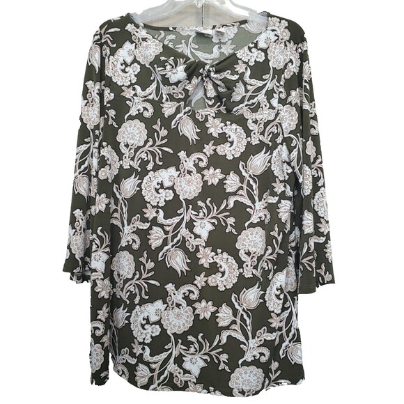 Chico’s Olive Green Floral Print Twist Neck 3/4 Sleeve Stretchy Tunic Size 2 LGE - Picture 1 of 8